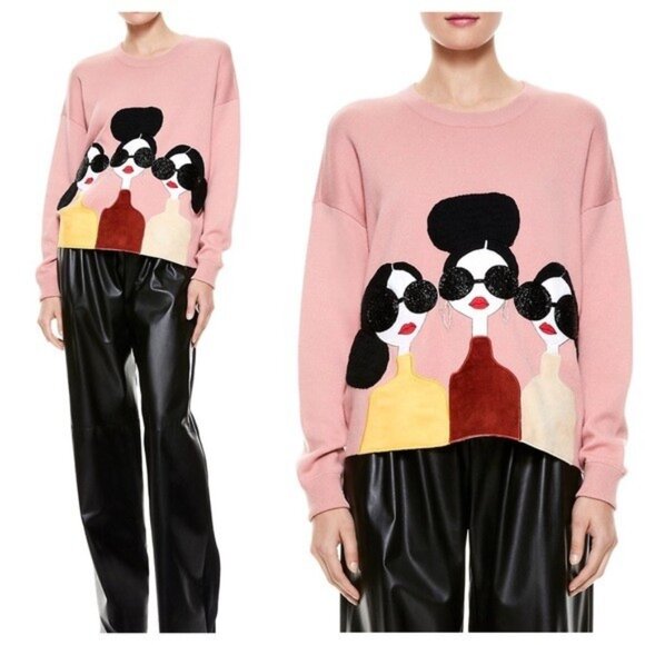 Alice + Olivia Nyla Three Ladies Boxy Pink Sweater Medium - Picture 1 of 10